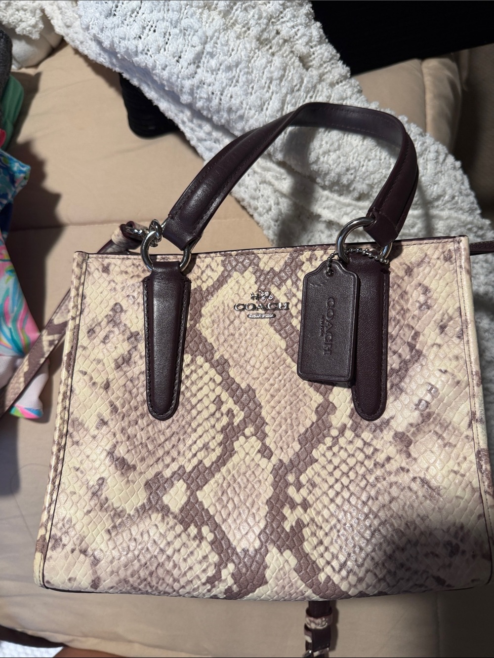 Coach Snake-Print python Satchel in Beige and Brown with Dark Brown Handles - Picture 4 of 9